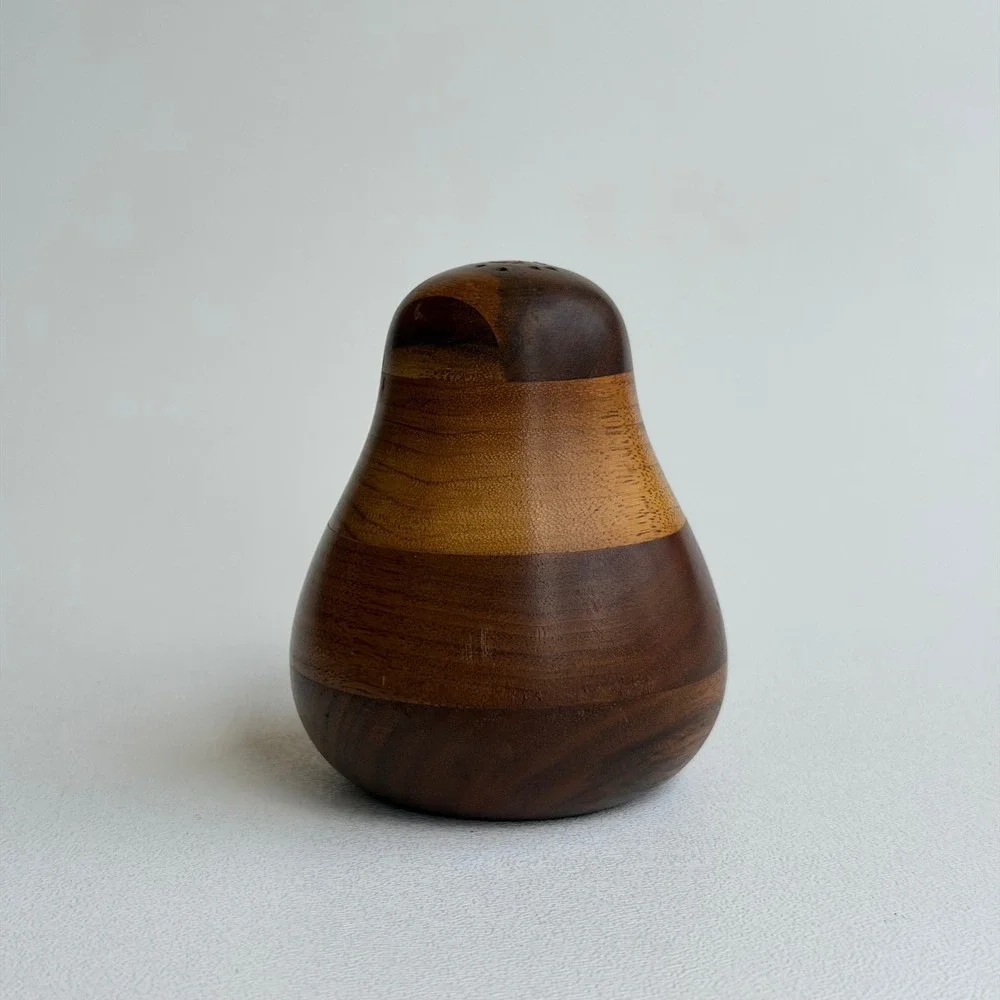 Vintage Hand Turned Wood Salt Shaker‎ Brown Mid Century Modern Pear
